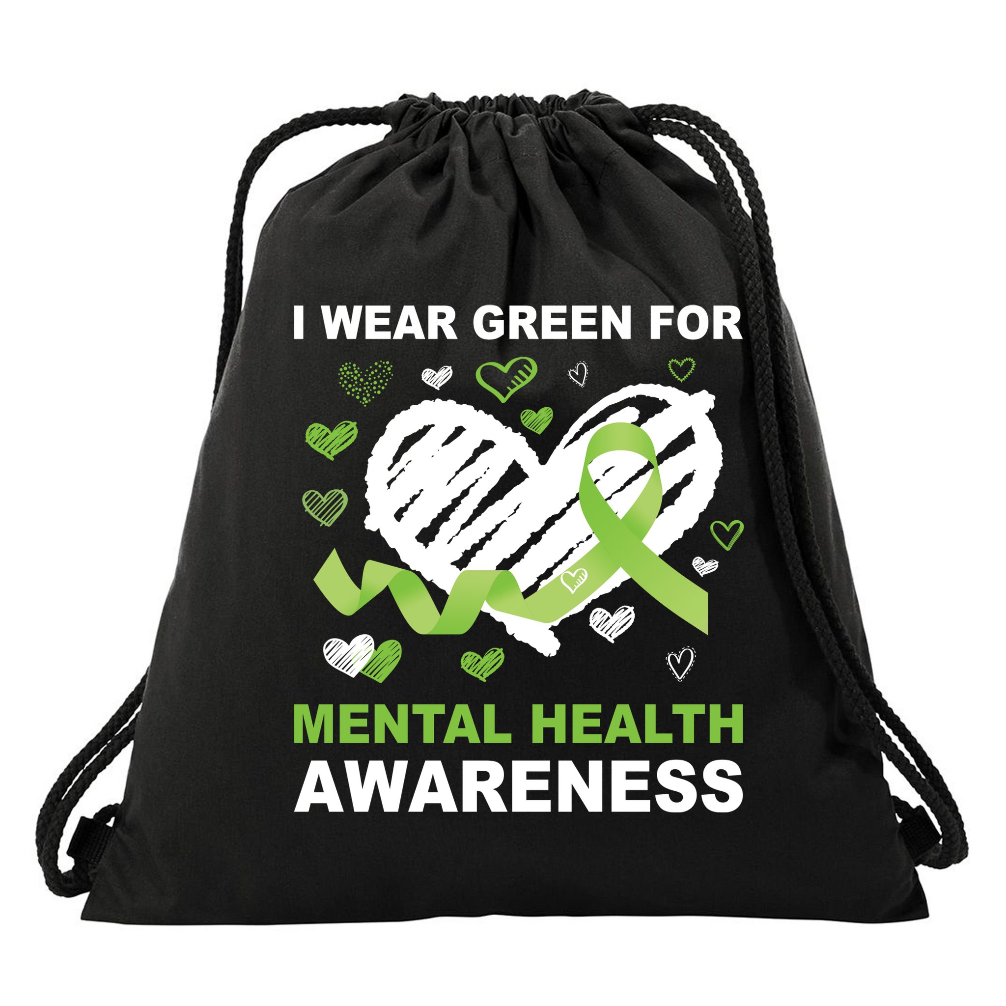 I Wear Green For Mental Health Awareness Ribbon Heart Drawstring Bag