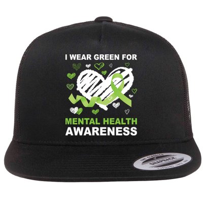 I Wear Green For Mental Health Awareness Ribbon Heart Flatbill Hat