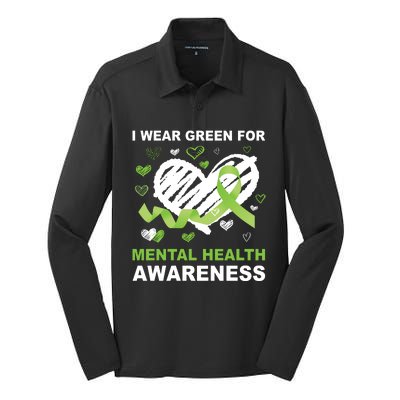 I Wear Green For Mental Health Awareness Ribbon Heart Silk Touch Performance Long Sleeve Polo