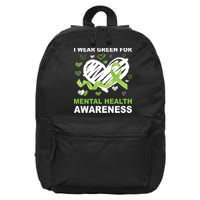 I Wear Green For Mental Health Awareness Ribbon Heart 16 in Basic Backpack