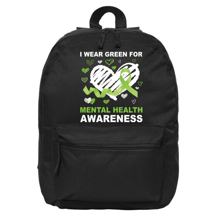 I Wear Green For Mental Health Awareness Ribbon Heart 16 in Basic Backpack