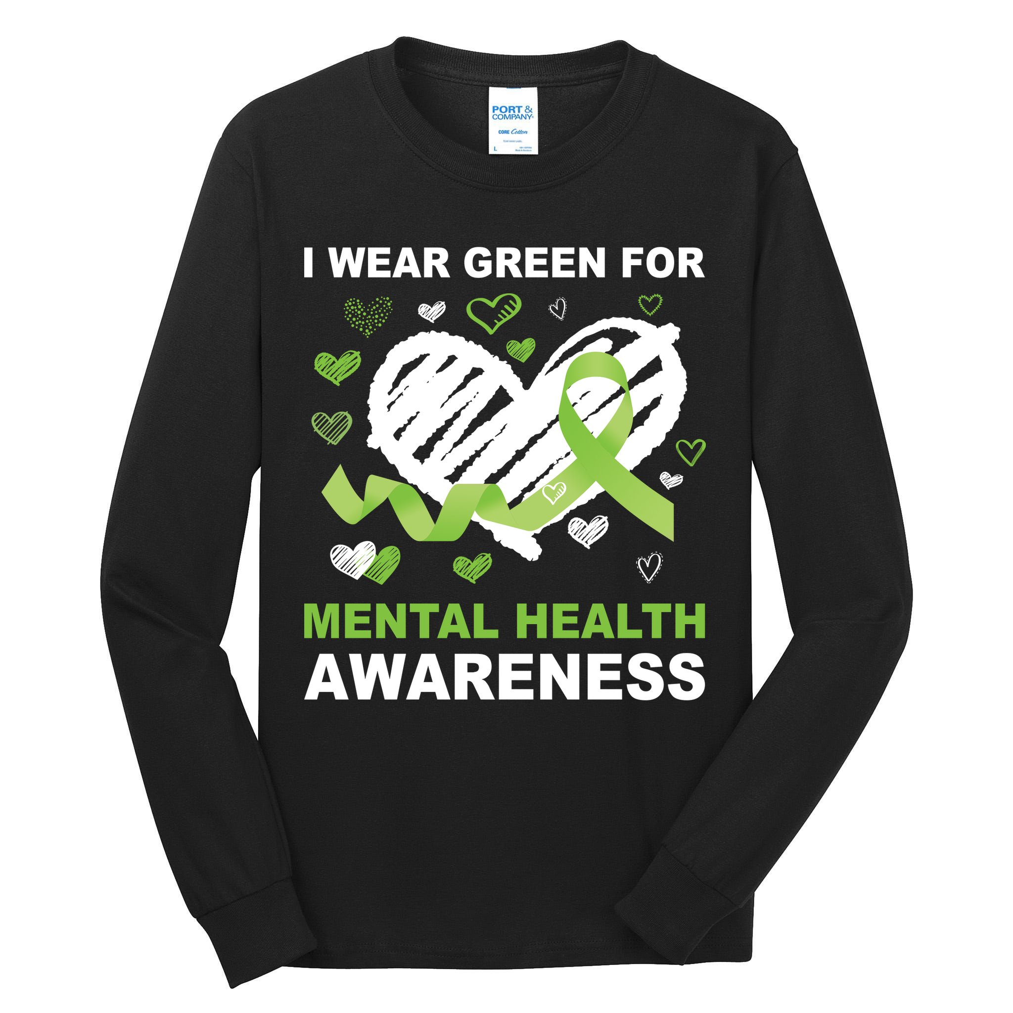 I Wear Green For Mental Health Awareness Ribbon Heart Tall Long Sleeve T-Shirt