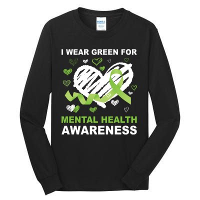 I Wear Green For Mental Health Awareness Ribbon Heart Tall Long Sleeve T-Shirt