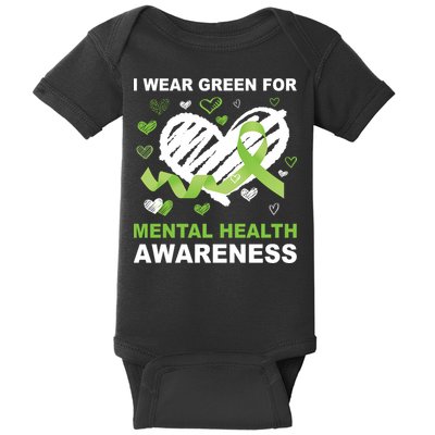 I Wear Green For Mental Health Awareness Ribbon Heart Baby Bodysuit