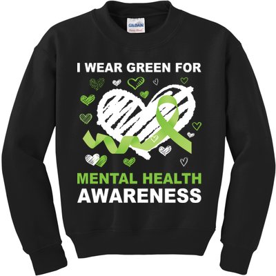 I Wear Green For Mental Health Awareness Ribbon Heart Kids Sweatshirt