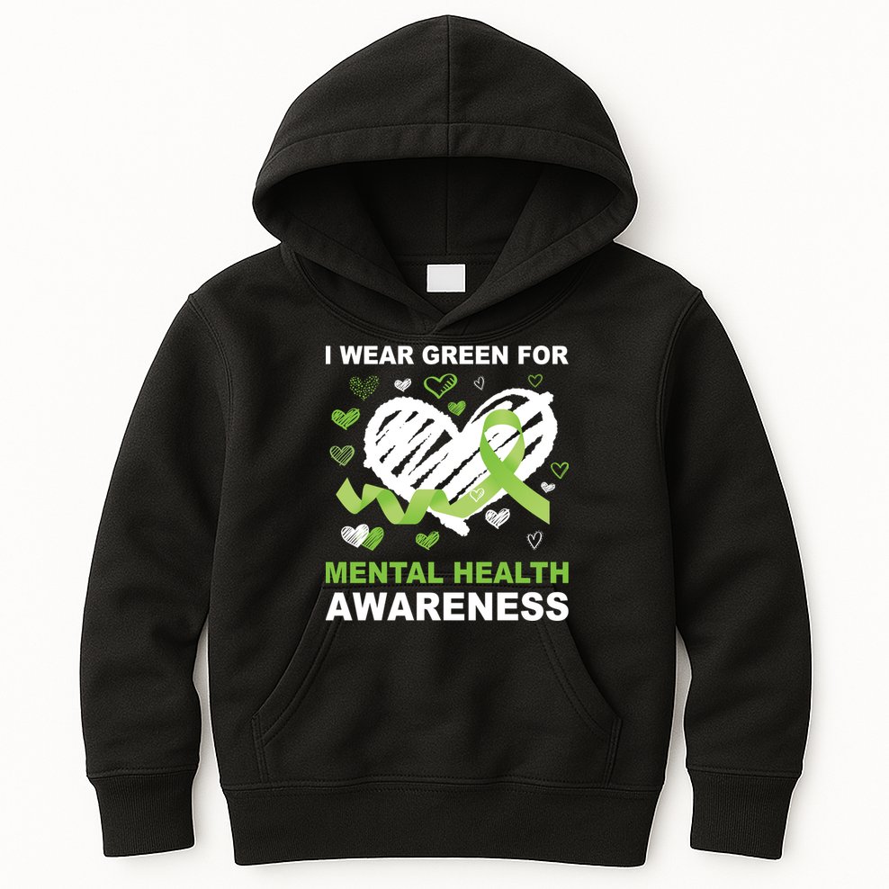 I Wear Green For Mental Health Awareness Ribbon Heart Kids Hoodie