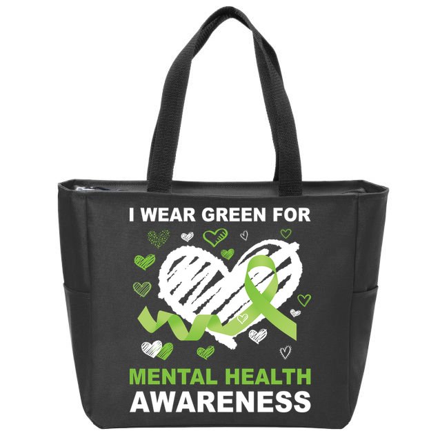 I Wear Green For Mental Health Awareness Ribbon Heart Zip Tote Bag