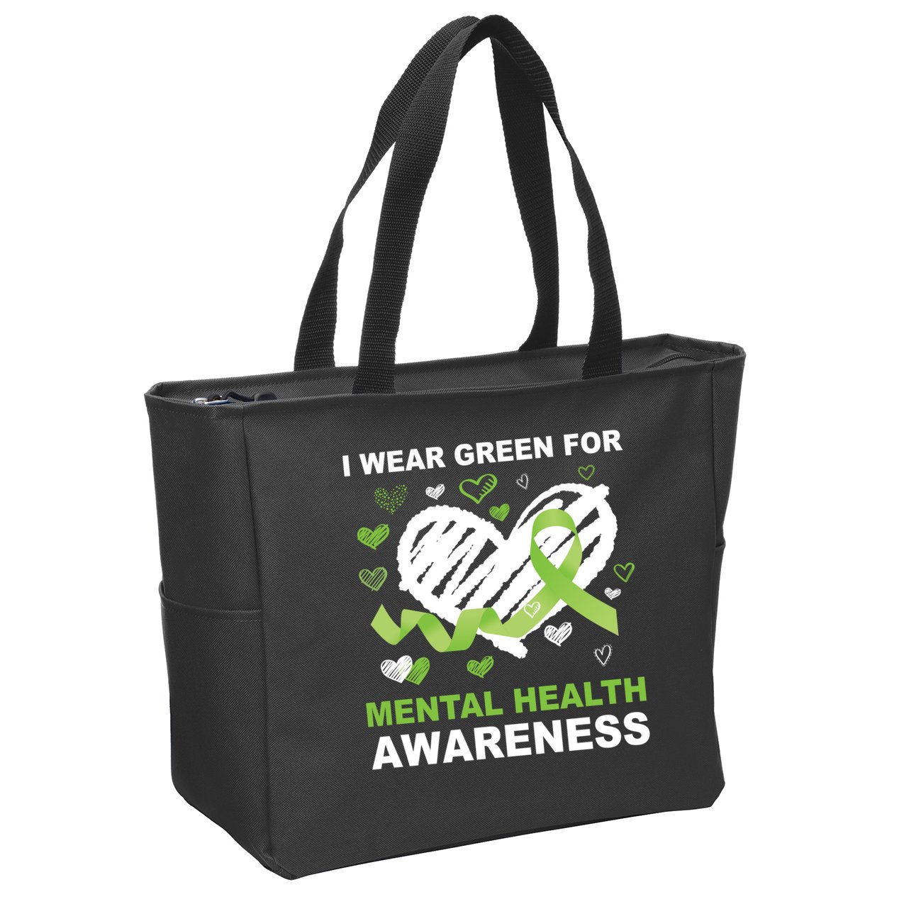 I Wear Green For Mental Health Awareness Ribbon Heart Zip Tote Bag
