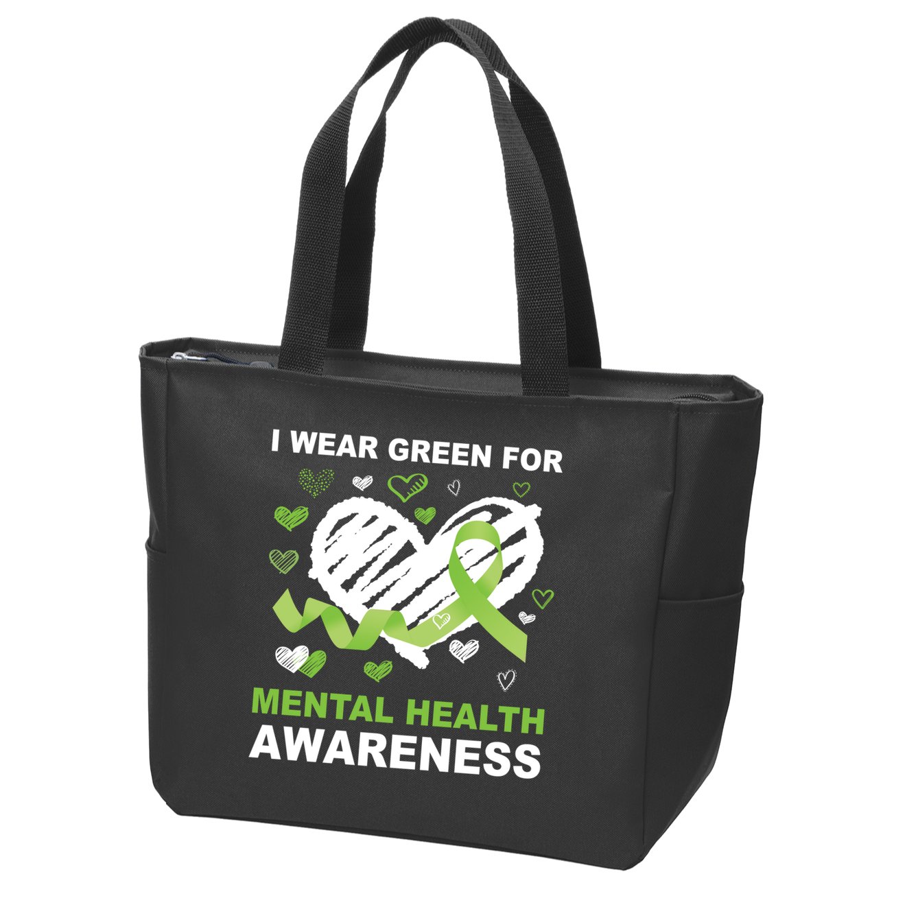 I Wear Green For Mental Health Awareness Ribbon Heart Zip Tote Bag