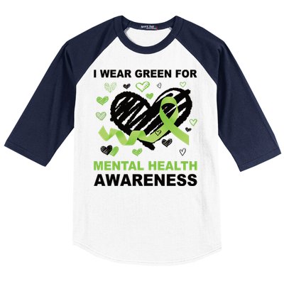 I Wear Green For Mental Health Awareness Ribbon Heart Baseball Sleeve Shirt