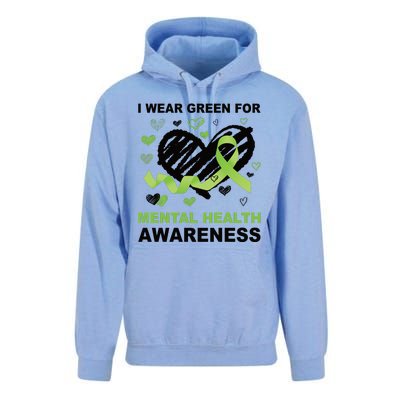 I Wear Green For Mental Health Awareness Ribbon Heart Unisex Surf Hoodie