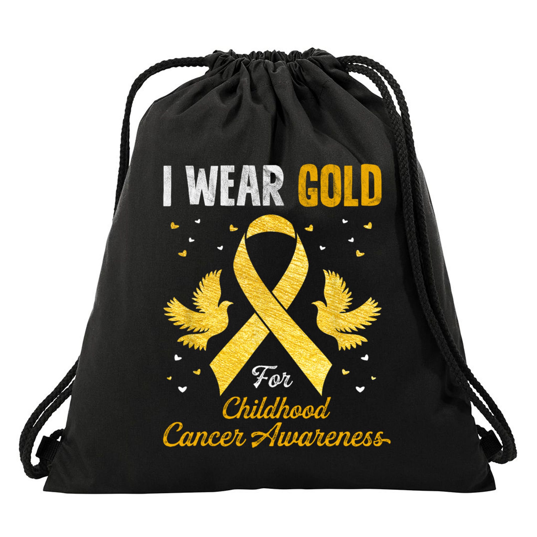 I Wear Gold Hood Cancer Awareness Golden Ribbon Gift Drawstring Bag