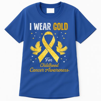 I Wear Gold Hood Cancer Awareness Golden Ribbon Gift Tall T-Shirt