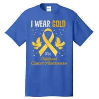 I Wear Gold Hood Cancer Awareness Golden Ribbon Gift Tall T-Shirt