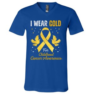 I Wear Gold Hood Cancer Awareness Golden Ribbon Gift V-Neck T-Shirt