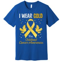 I Wear Gold Hood Cancer Awareness Golden Ribbon Gift Premium T-Shirt