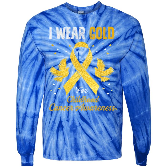 I Wear Gold Hood Cancer Awareness Golden Ribbon Gift Tie-Dye Long Sleeve Shirt