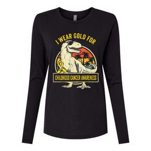 I Wear Gold For Childhood Cancer Awareness Dinosaur Womens Cotton Relaxed Long Sleeve T-Shirt