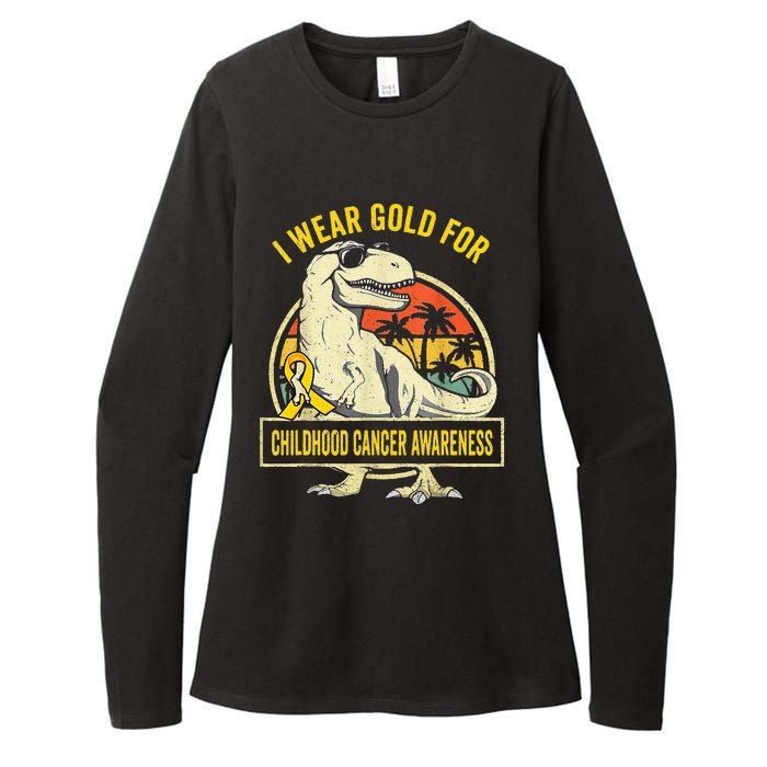 I Wear Gold For Childhood Cancer Awareness Dinosaur Womens CVC Long Sleeve Shirt