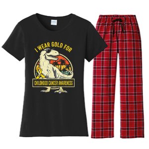 I Wear Gold For Childhood Cancer Awareness Dinosaur Women's Flannel Pajama Set