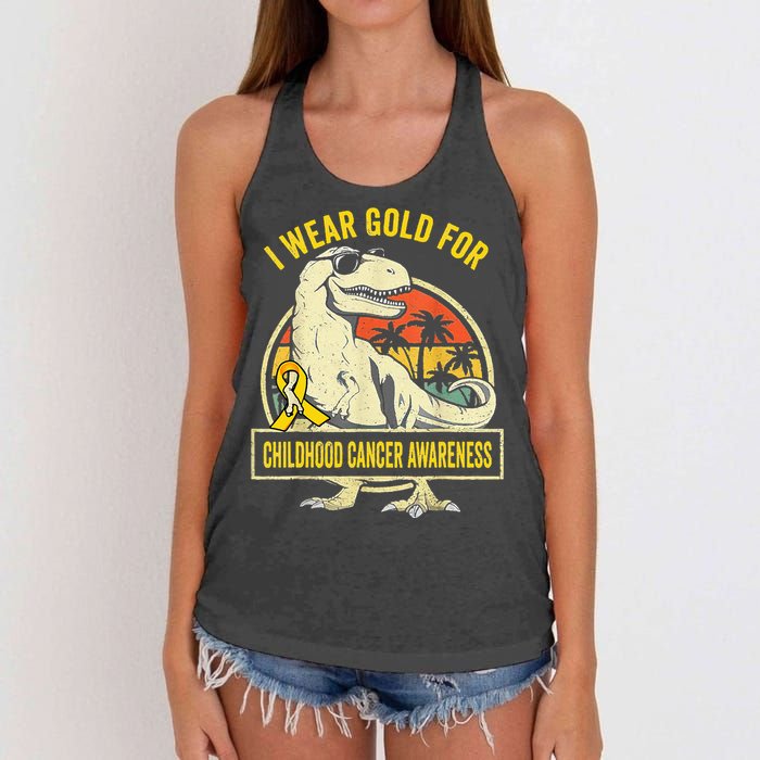 I Wear Gold For Childhood Cancer Awareness Dinosaur Women's Knotted Racerback Tank