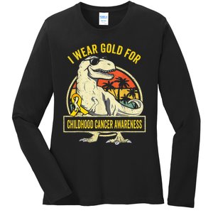 I Wear Gold For Childhood Cancer Awareness Dinosaur Ladies Long Sleeve Shirt