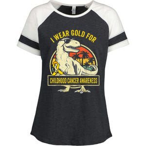 I Wear Gold For Childhood Cancer Awareness Dinosaur Enza Ladies Jersey Colorblock Tee