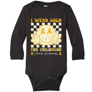 I Wear Gold For Childhood Cancer Awareness Smile Face Baby Long Sleeve Bodysuit