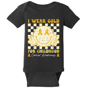 I Wear Gold For Childhood Cancer Awareness Smile Face Baby Bodysuit