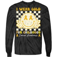 I Wear Gold For Childhood Cancer Awareness Smile Face Tie-Dye Long Sleeve Shirt