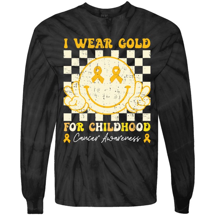 I Wear Gold For Childhood Cancer Awareness Smile Face Tie-Dye Long Sleeve Shirt