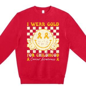 I Wear Gold For Childhood Cancer Awareness Smile Face Premium Crewneck Sweatshirt