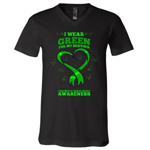 I Wear Green For My Brother Traumatic Brain Injury Awareness V-Neck T-Shirt