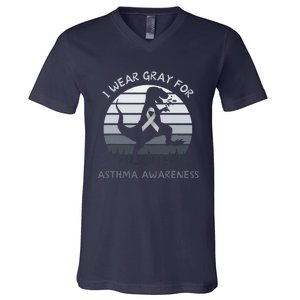 I Wear Gray For Asthma Awareness Trex Retro Sunset V-Neck T-Shirt