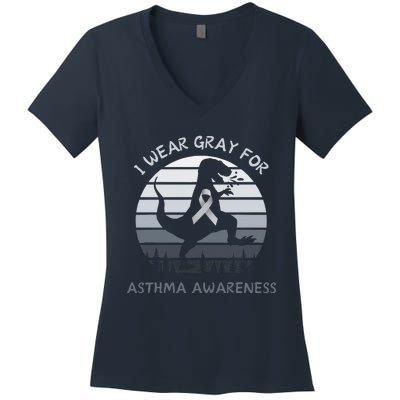 I Wear Gray For Asthma Awareness Trex Retro Sunset Women's V-Neck T-Shirt