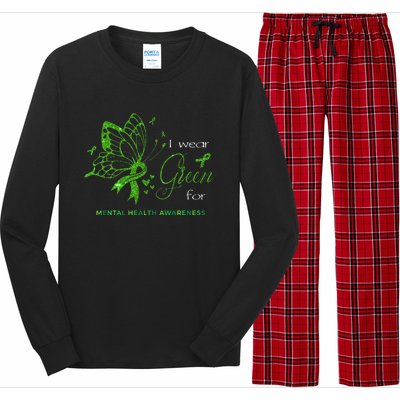 I Wear Green For Mental Health Awareness Butterfly Ribbon Long Sleeve Pajama Set