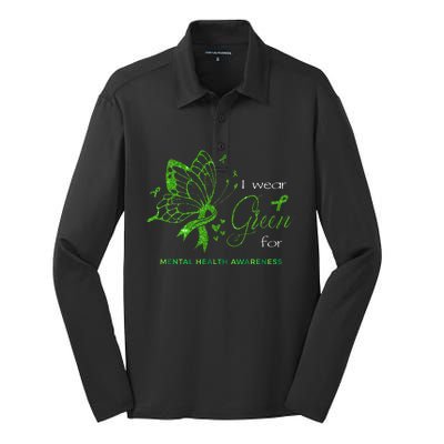 I Wear Green For Mental Health Awareness Butterfly Ribbon Silk Touch Performance Long Sleeve Polo