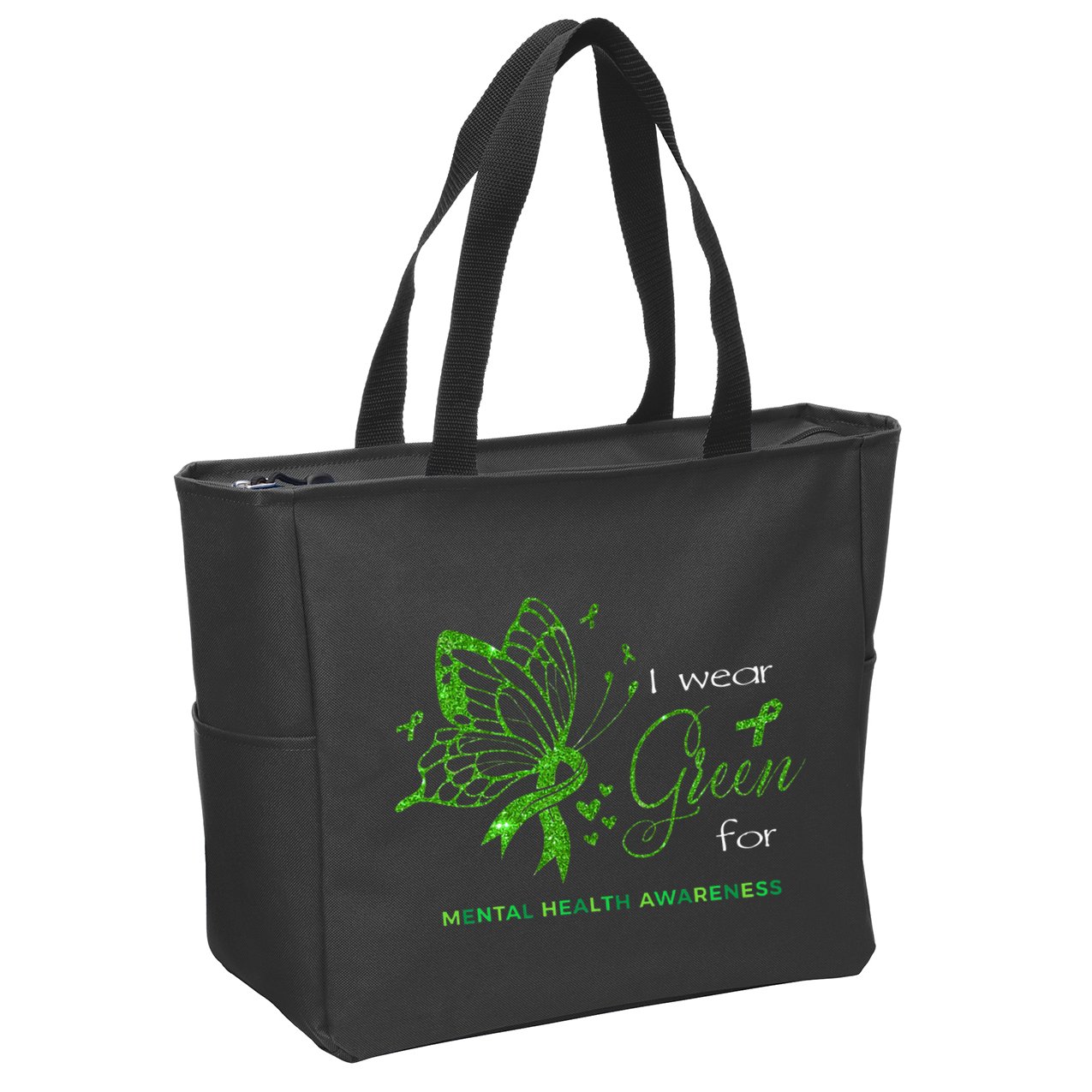 I Wear Green For Mental Health Awareness Butterfly Ribbon Zip Tote Bag