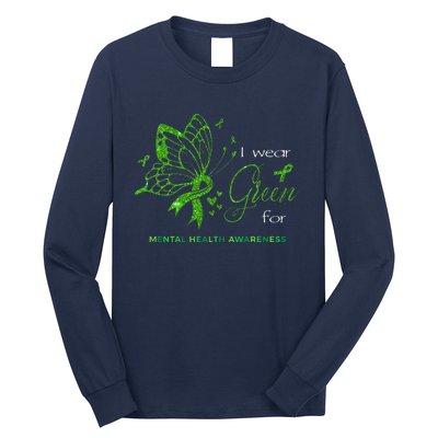 I Wear Green For Mental Health Awareness Butterfly Ribbon Long Sleeve Shirt