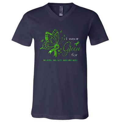 I Wear Green For Mental Health Awareness Butterfly Ribbon V-Neck T-Shirt