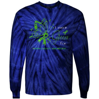 I Wear Green For Mental Health Awareness Butterfly Ribbon Tie-Dye Long Sleeve Shirt