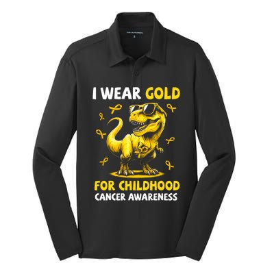 I Wear Gold For Childhood Cancer Awareness Dinosaur Silk Touch Performance Long Sleeve Polo