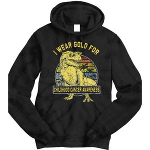 I Wear Gold For Childhood Cancer Awareness Dinosaur Tie Dye Hoodie