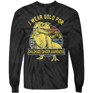 I Wear Gold For Childhood Cancer Awareness Dinosaur Tie-Dye Long Sleeve Shirt