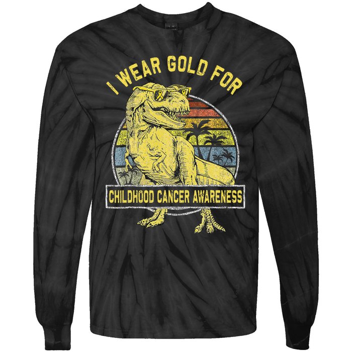 I Wear Gold For Childhood Cancer Awareness Dinosaur Tie-Dye Long Sleeve Shirt