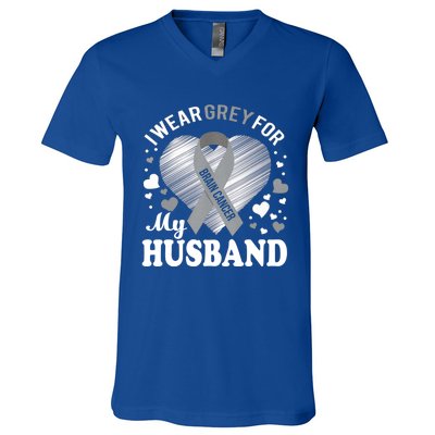 I Wear Grey For My Husband Cute Gift Brain Cancer Awareness Meaningful Gift V-Neck T-Shirt