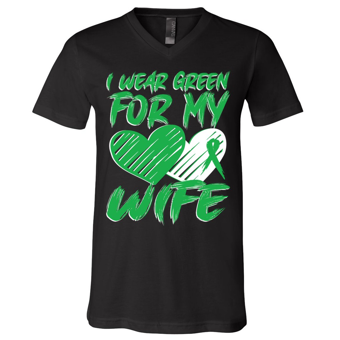 I Wear Green For My Wife Mental Health Awareness Ribbon Heart V-Neck T-Shirt