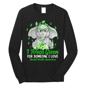 I Wear Green For Mental Health Awareness Ribbon Elephant Long Sleeve Shirt