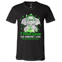 I Wear Green For Mental Health Awareness Ribbon Elephant V-Neck T-Shirt