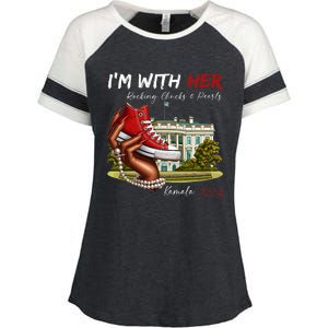 IM With Her Chucks & Pearls Kamala 2024 Enza Ladies Jersey Colorblock Tee